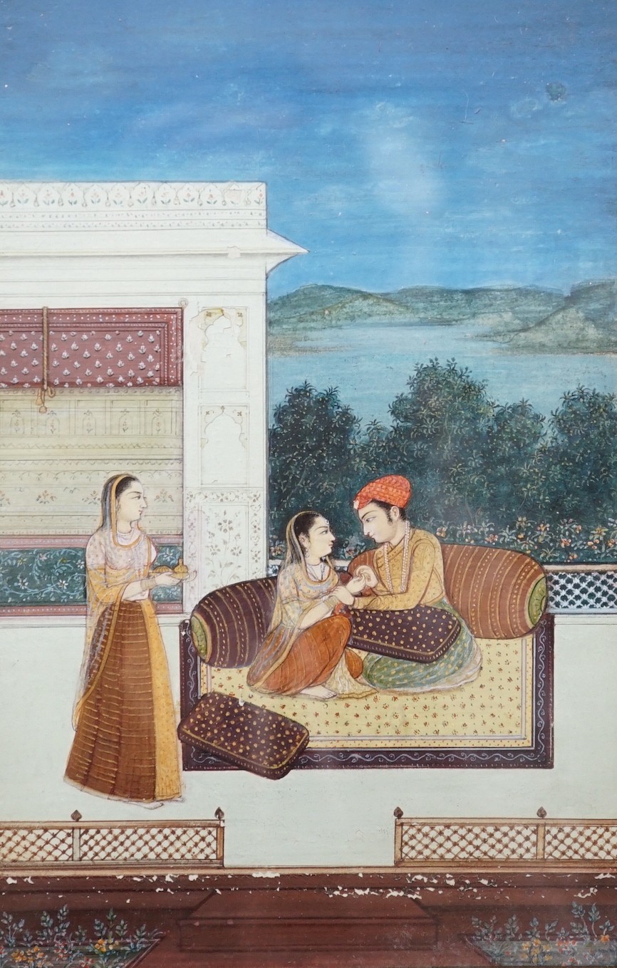 Persian School, gouache on paper, Lovers on a terrace at night, 20 x 13cm